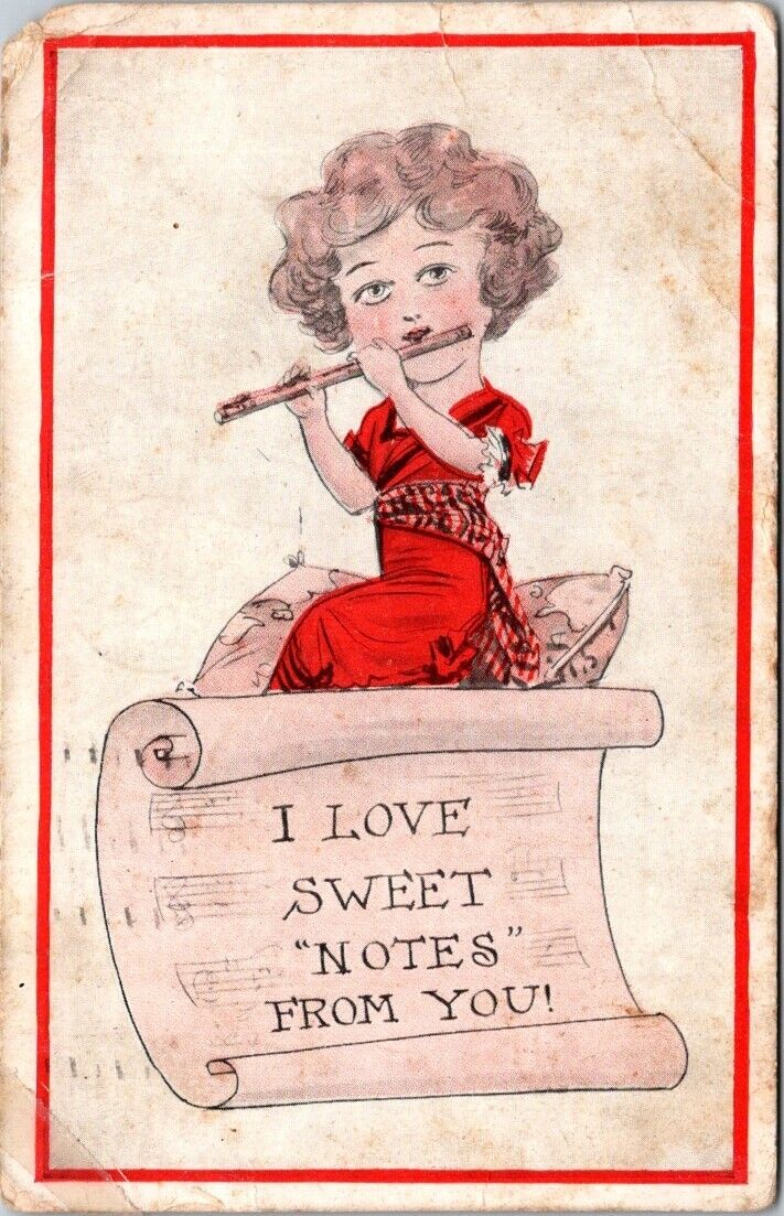 Valentines Woman Flute Love Sweet Notes From You Humor Music c1910s postcard JP4