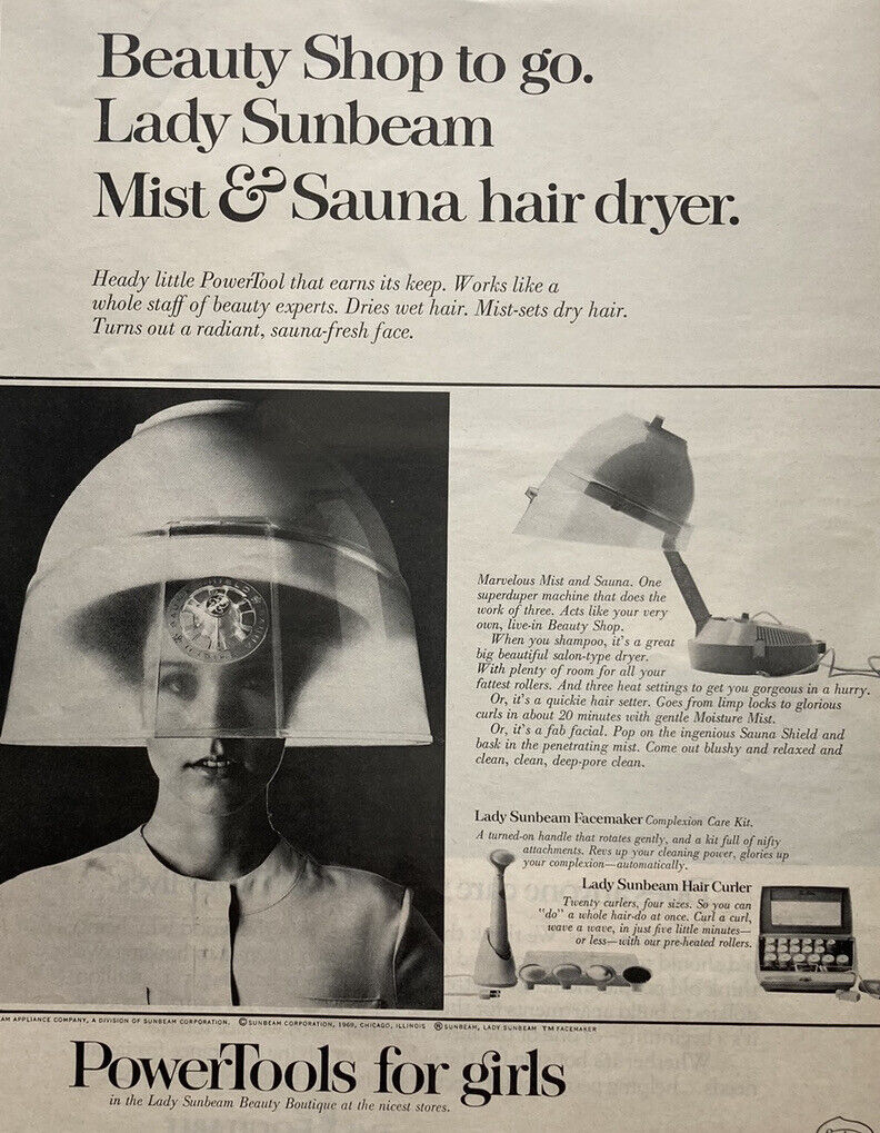 Vintage 1969 Sunbeam Mist & Sauna Hair Dryer Print Ad - Beauty on the Go