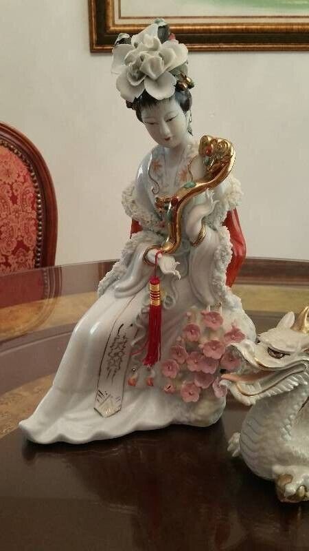 Rare Vintage Gilded Geisha Statue w/ Sapphire And Agate Very Unique Beautiful