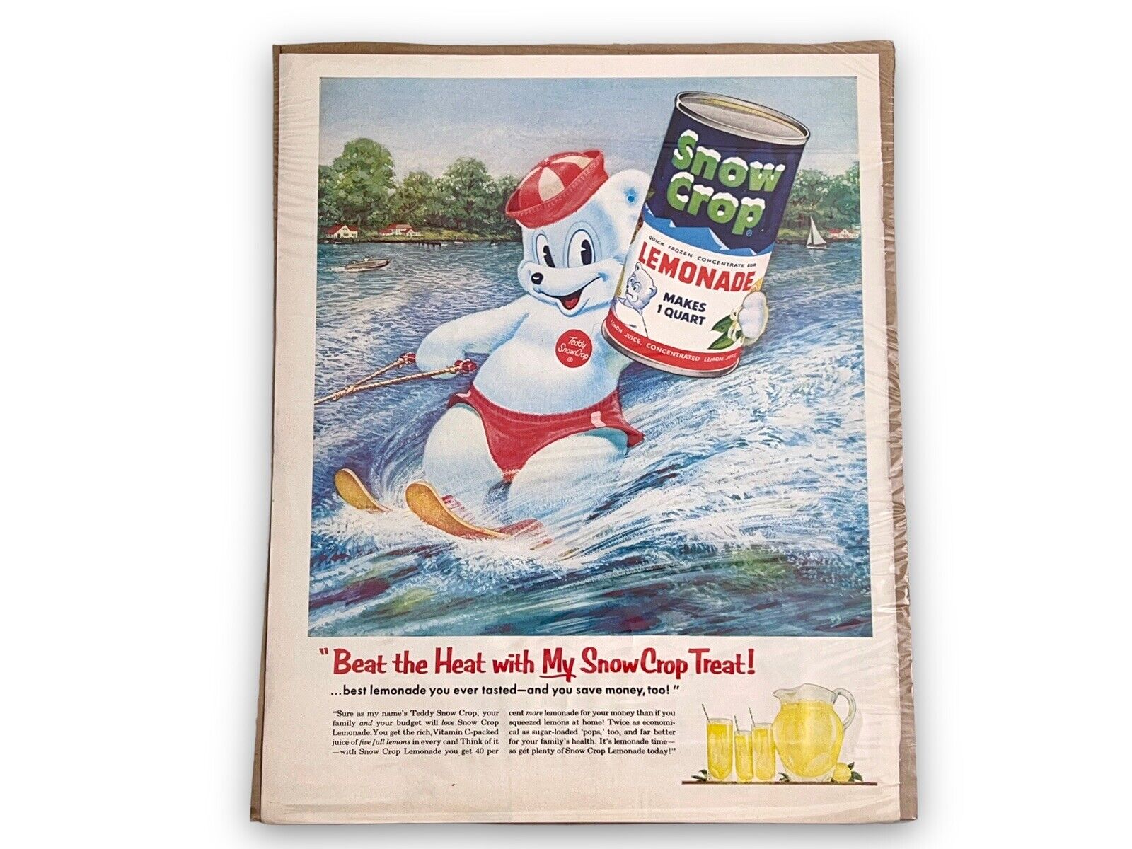 Vintage 1955 Snowcrop Lemonade Print Ad Teddy Snow Crop