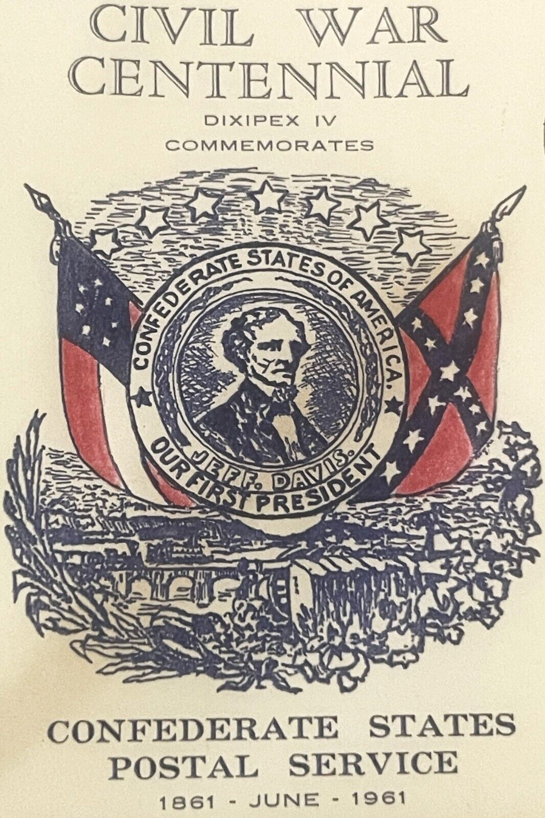 Vintage 1961 Civil War Centennial Series Jefferson Davis Stamped Envelope, Flag1