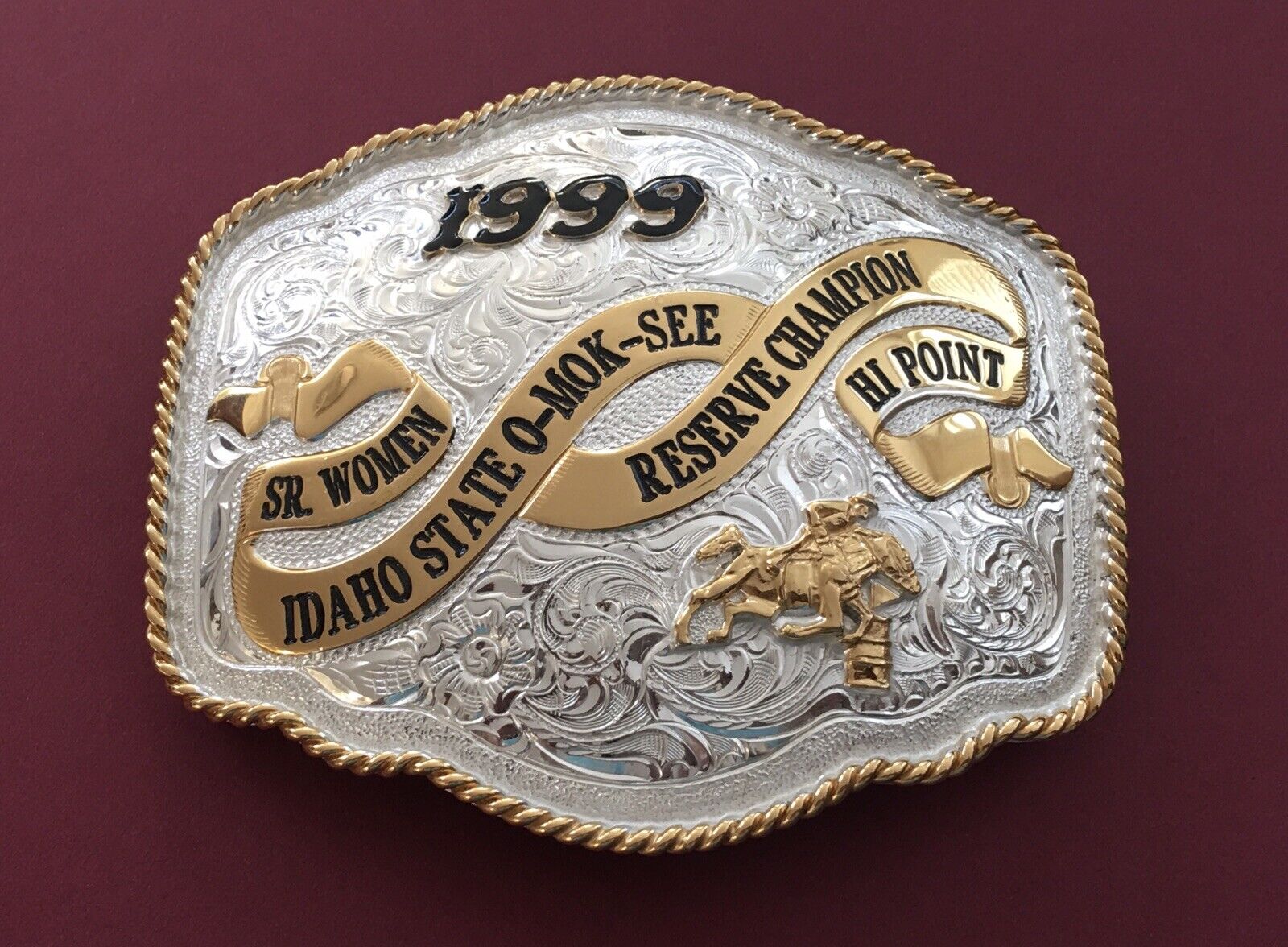 Vintage 1999 Idaho O-MOK-SEE Champion Native Horse Dance Silver Gold Belt Buckle