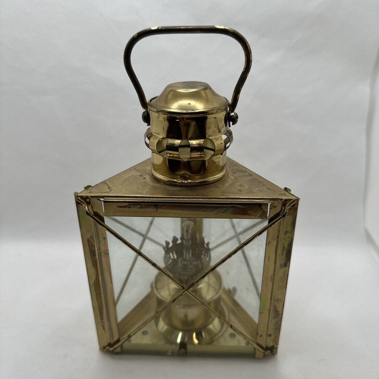 VTG Brass Color Ship Lantern Nautical Hanging Oil Lamp Triangle 3 Sides No Globe