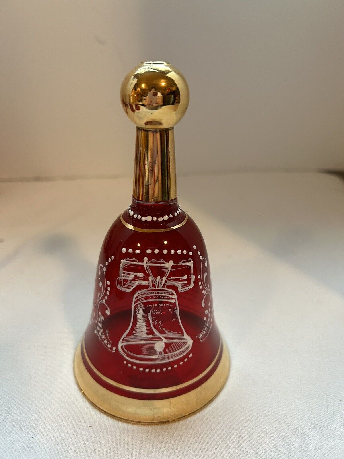 Vintage KB Italy Ruby Red Glass Independence Bicentennial Hanpainted Gold Bell