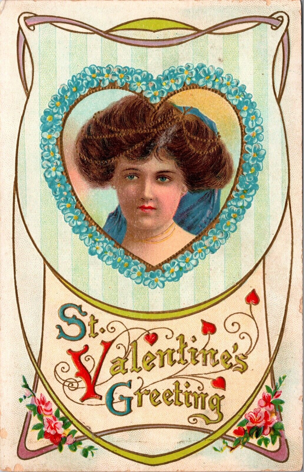 Valentine's Day Postcard Beautiful Victorian Woman Blue Flowers Hearts