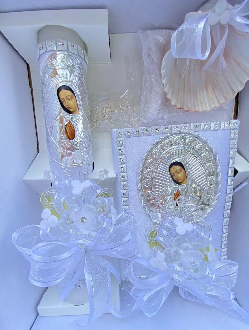 5pcs Baptism Candle Set Favors, Girl Boy White Set de Bautizo Nina Nino ENGLISH