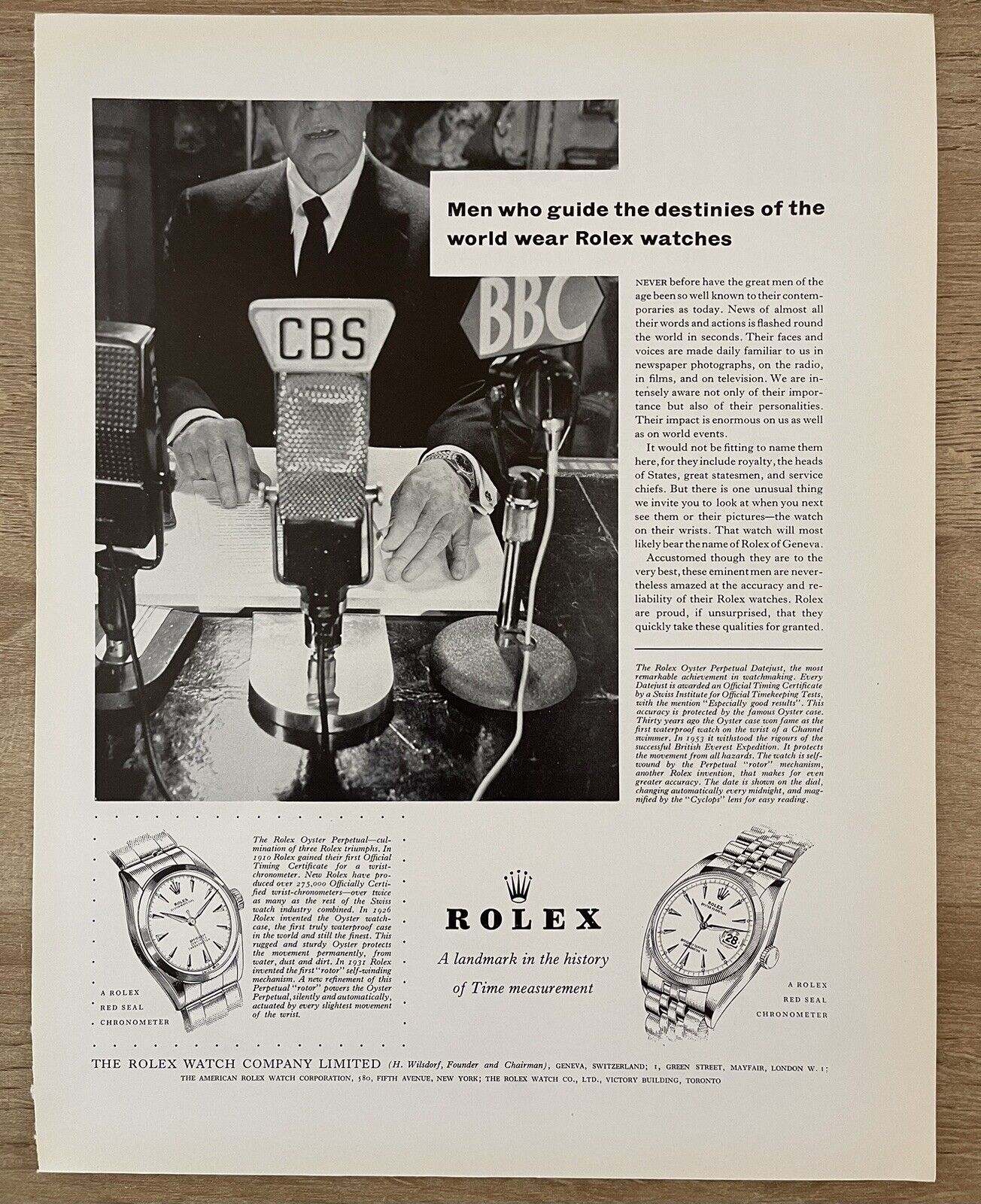 1956 Rolex Red Seal Chronometer Watch Vintage Print Ad Advertisement CBS Studios