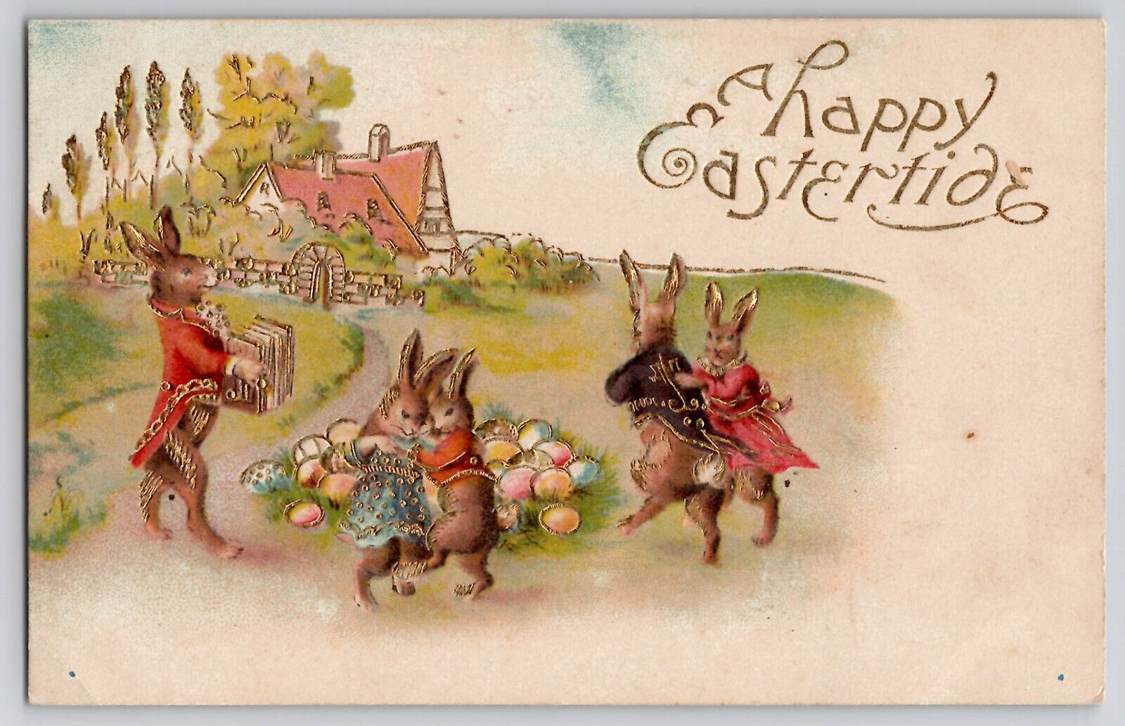 Easter Anthropomorphic Fantasy Dressed Rabbits Bunny Accordion Postcard 1910s
