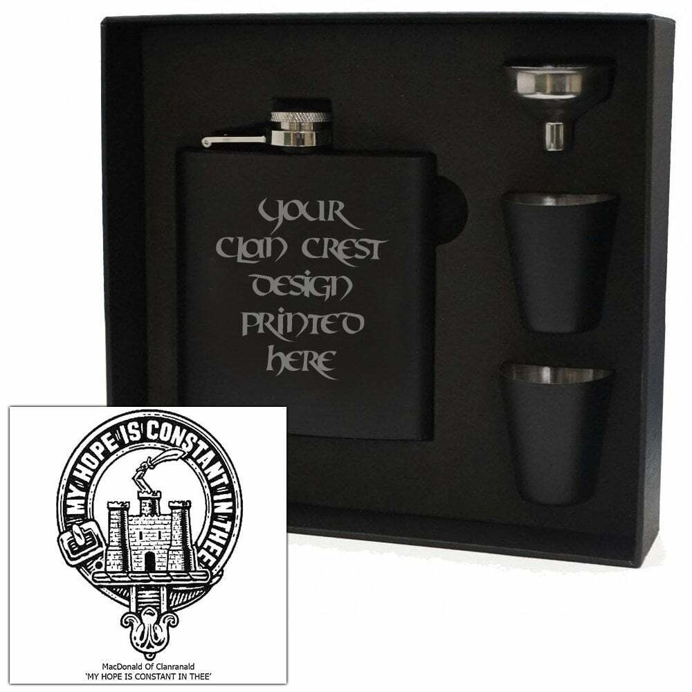 Art Pewter MacDonald Clanranald Clan Crest Black 6oz Hip Flask Set HF6 B S-C51