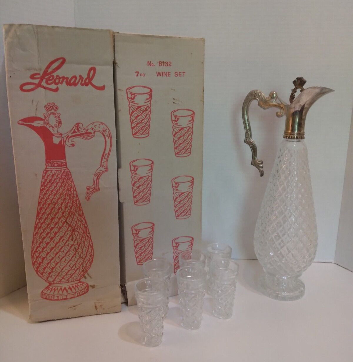 Vintage Leonard Diamond Silver Plated Italian Wine Decanter & 6 Glasses in Box