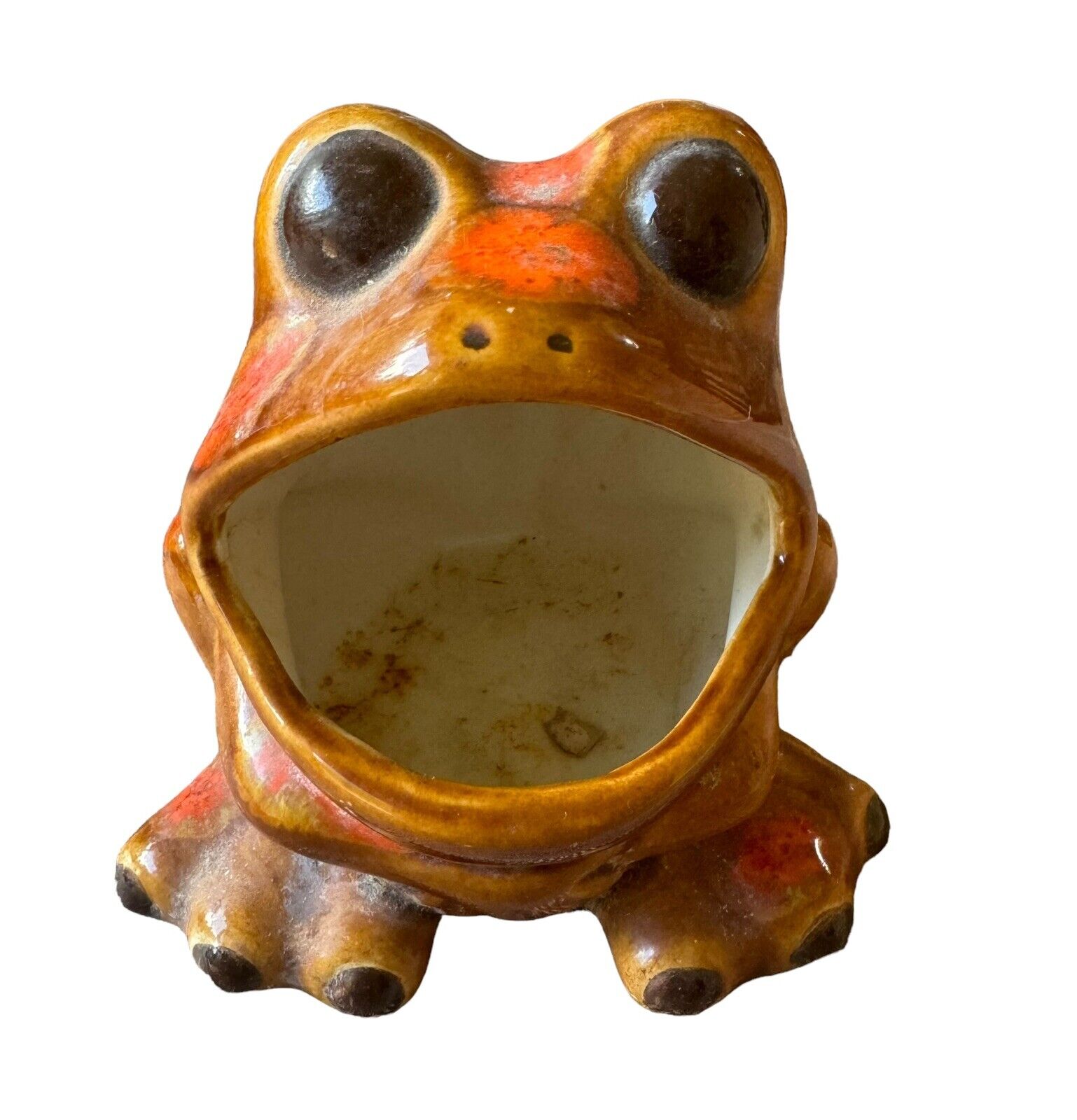 Vtg Wide Mouth Frog Sponge Holder Brown/Orange Splatter Ceramic 70’s Kitschy’s
