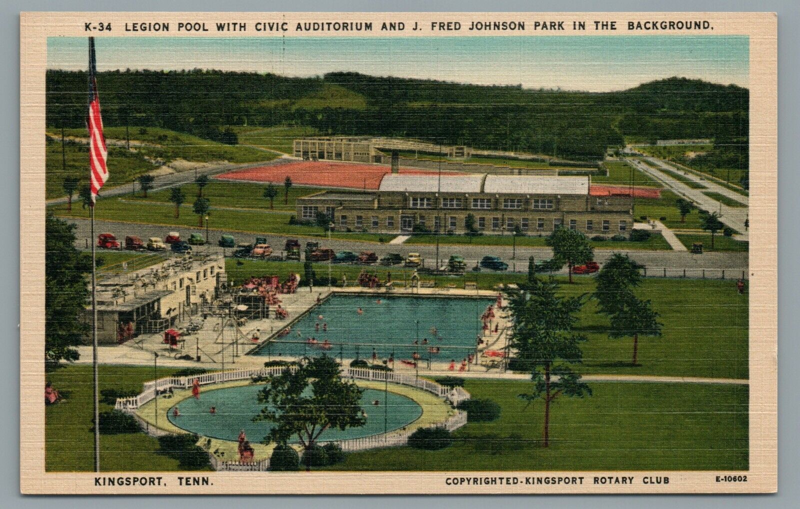 Legion Pool With Civic Auditorium And Fred Johnson Park c1940s Vintage Postcard