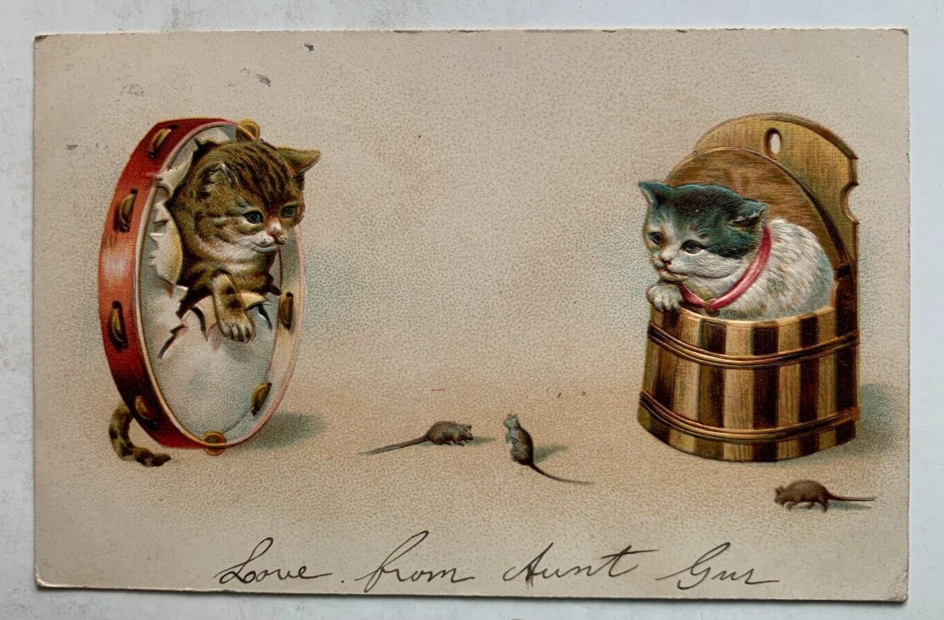 Vintage 1906 Postcard Cats Kittens Tambourine Basket Mice art embossed