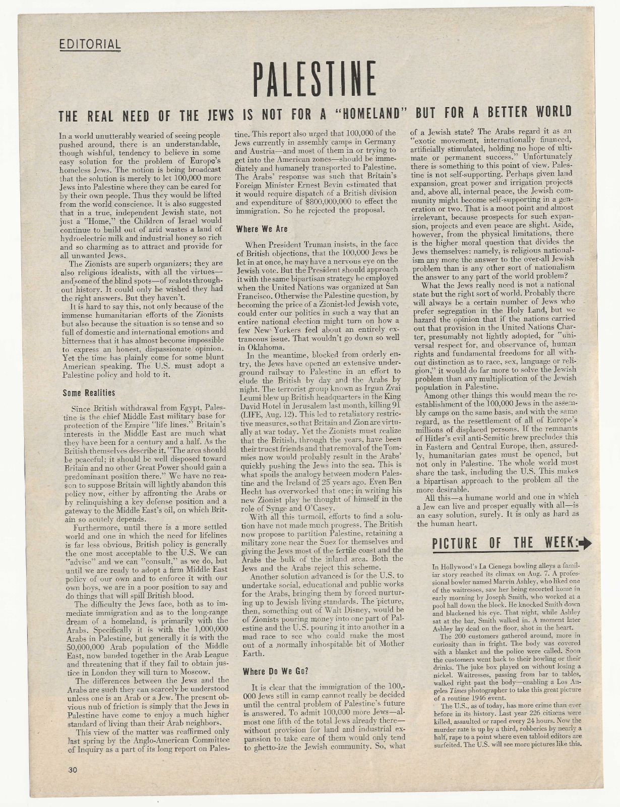 1946 Palestine Article Editorial Pre-Israel Homeland Zionism Jews Post WWII