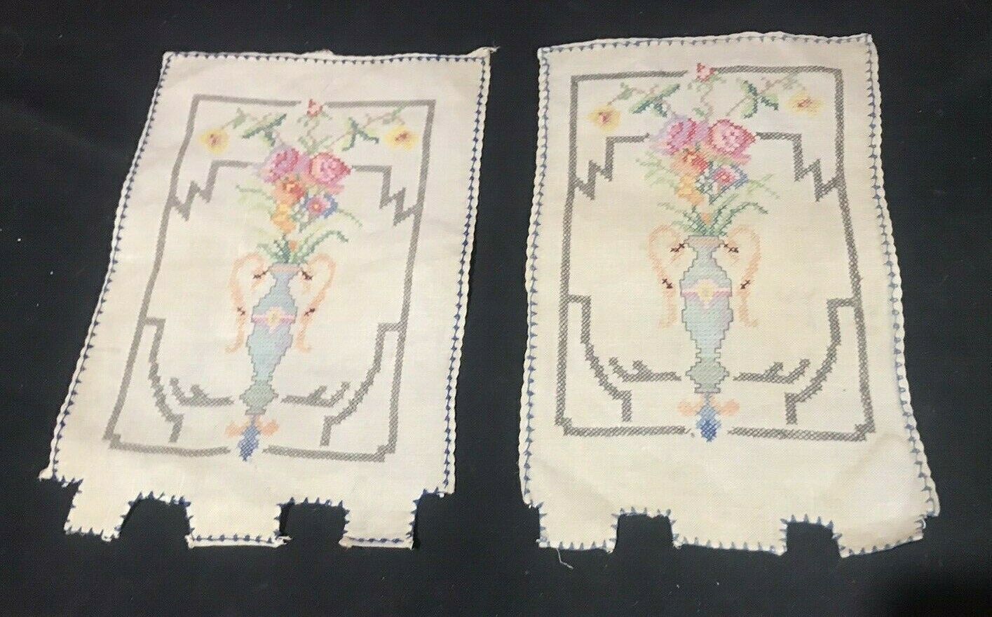 PAIR OF ANTIQUE PETIT POINT NEEDLEWORK CROSS STITCH EMBROIDERY FLORAL PANELS