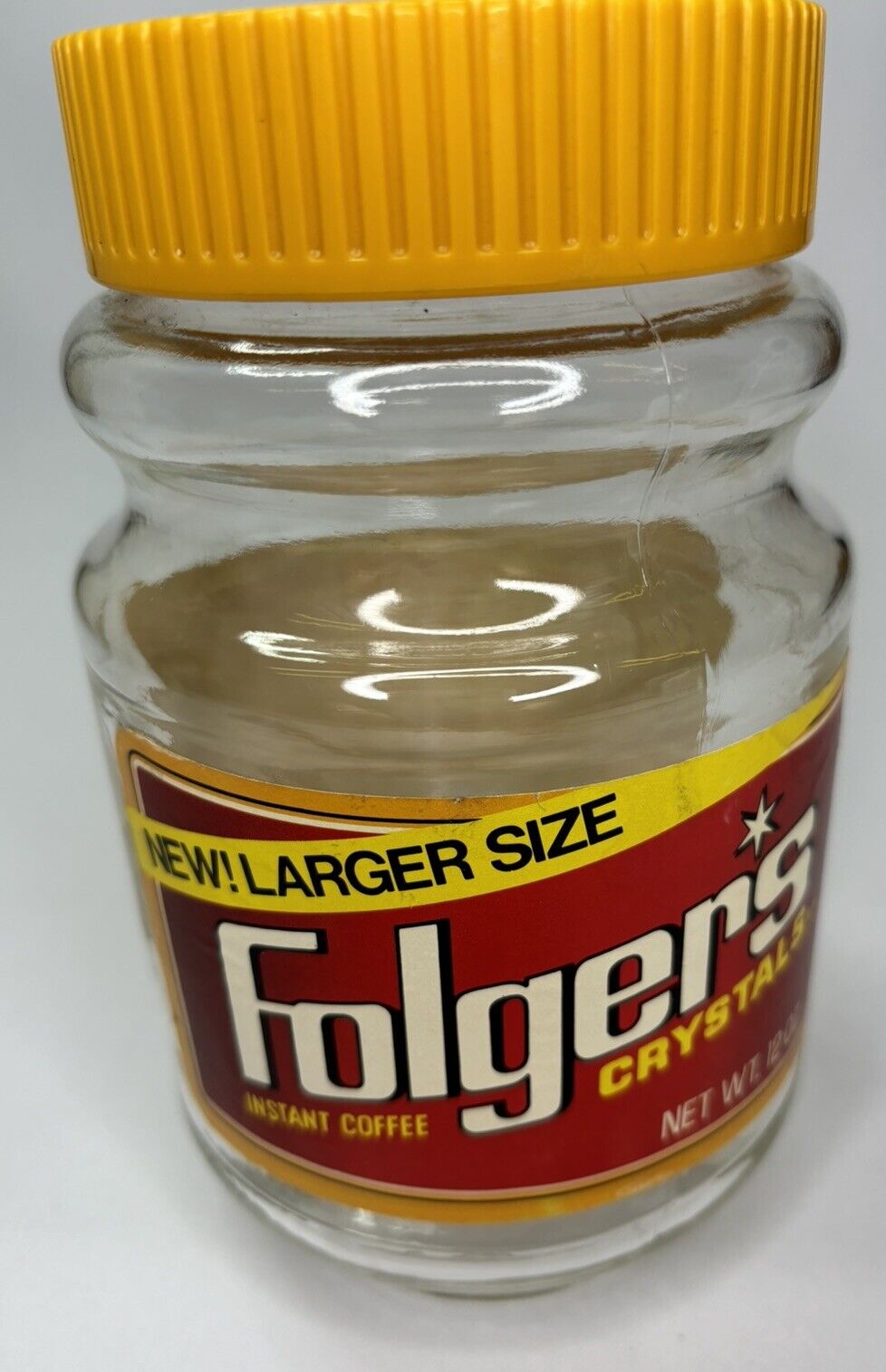 Vintage Folger's Instant Coffee Crystals Glass Jar & Yellow Lid 12 oz Empty 1982