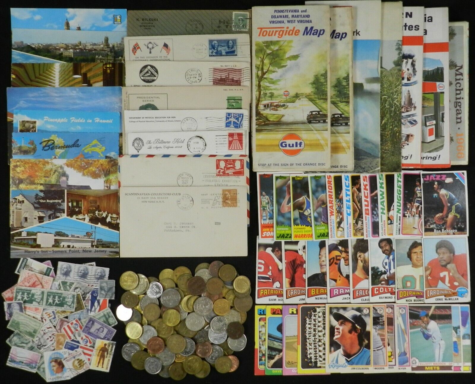 VTG/Antique Grab Bag Lot-Map,Coin,Stamps,Postcard,Envelope,1970\'s Baseball,FB,BB