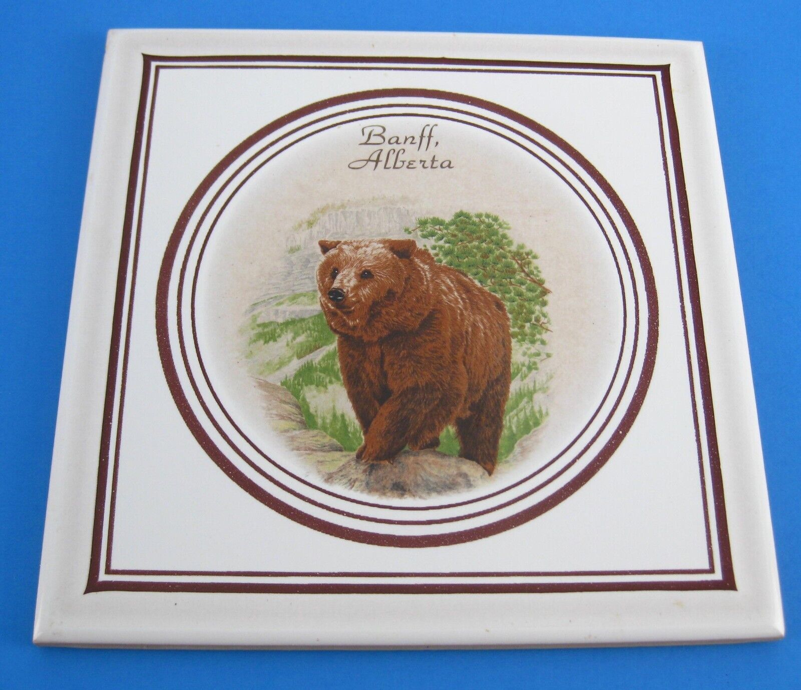 Banff Alberta Tile Trivet Brown Bear Souvenir Hand Decorated in Canada Vintage