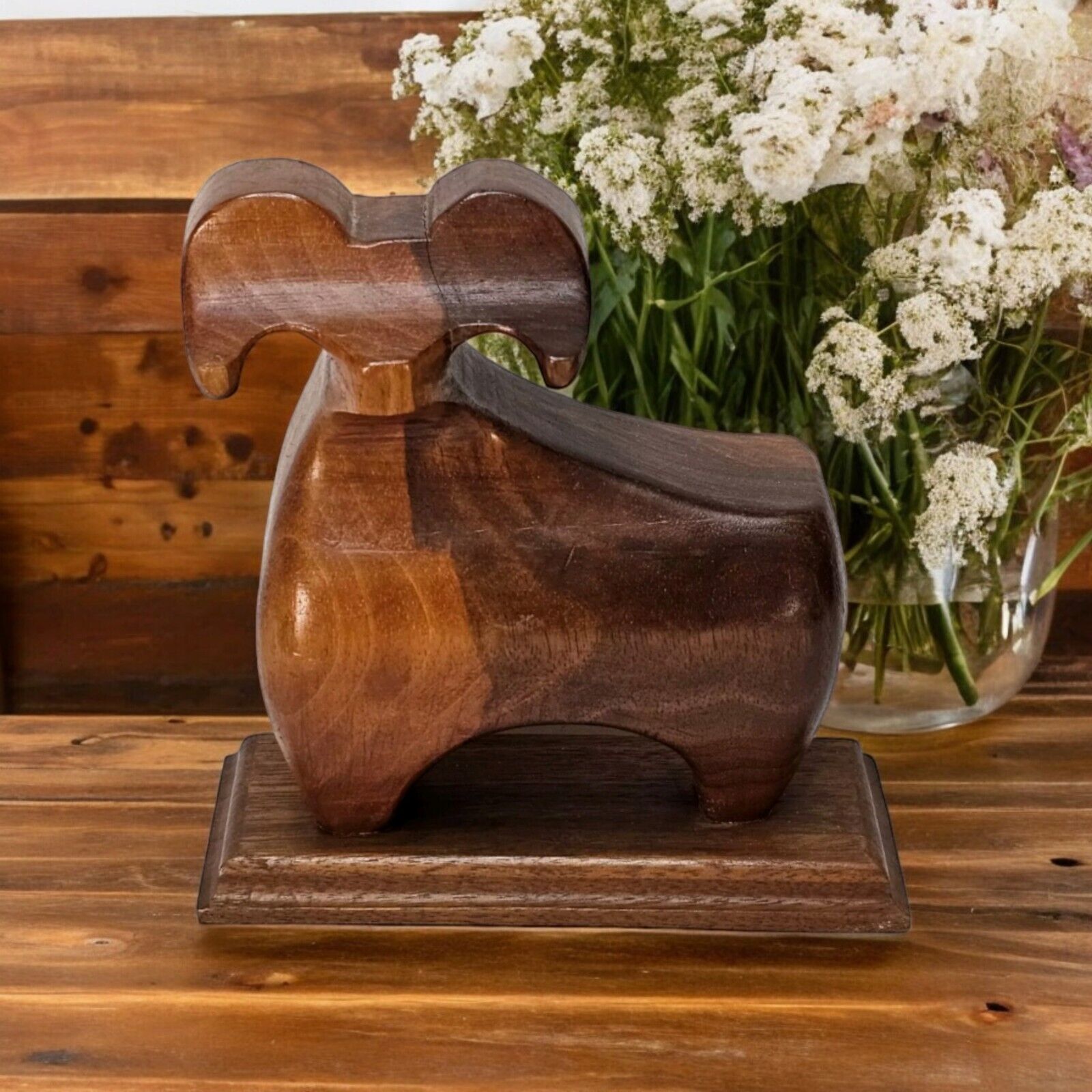 Vintage  Carved Wood Ram Mountain Sheep Figurine  Stylized Mid Century Modern