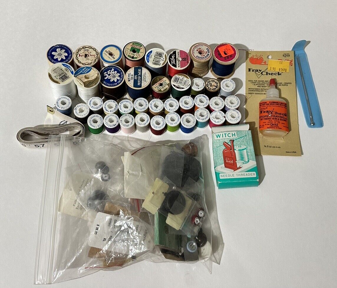 COLORFUL Lot of 35+ VINTAGE SPOOLS Sewing Thread & Some Assorted Buttons