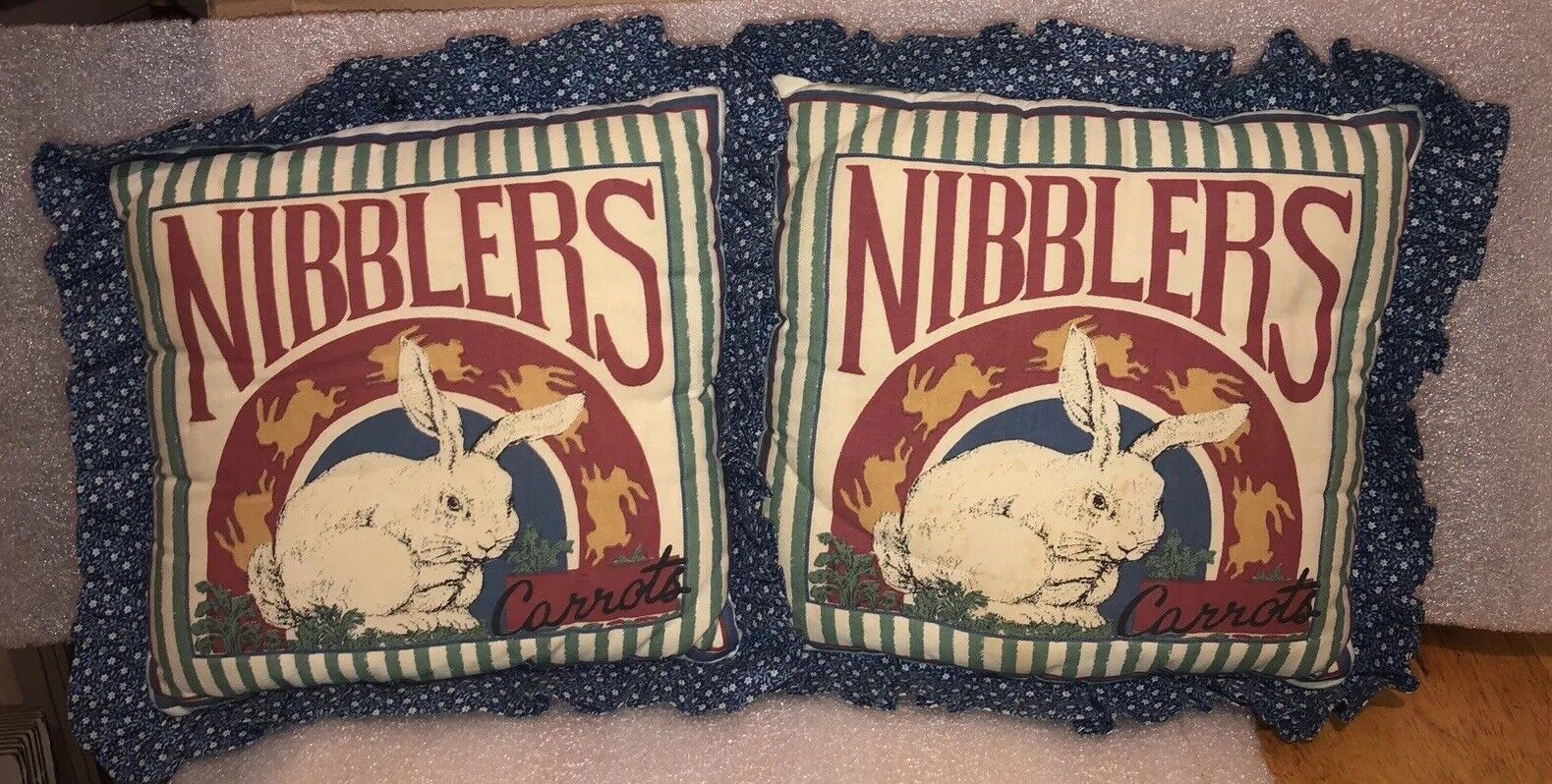Vintage Primitive 2 Nibblers Striped Bunny Rabbits Pillows 10” X 10”