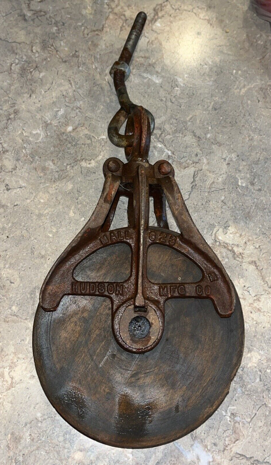 Vintage Hudson 823 Barn Pulley, Antique Wood Cast Iron Block Tackle Farm Tool