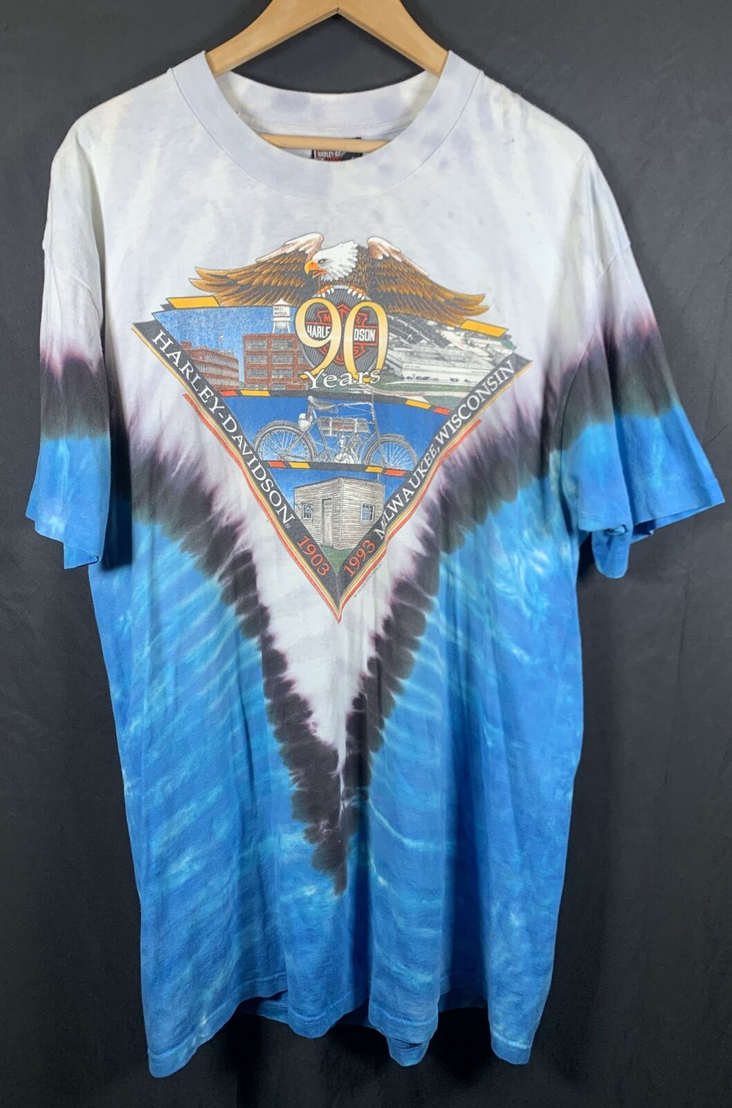✨Vintage 1992 Harley Davidson Carolina Blue Tye Dye Eagle Shirt Size XL 90s✨