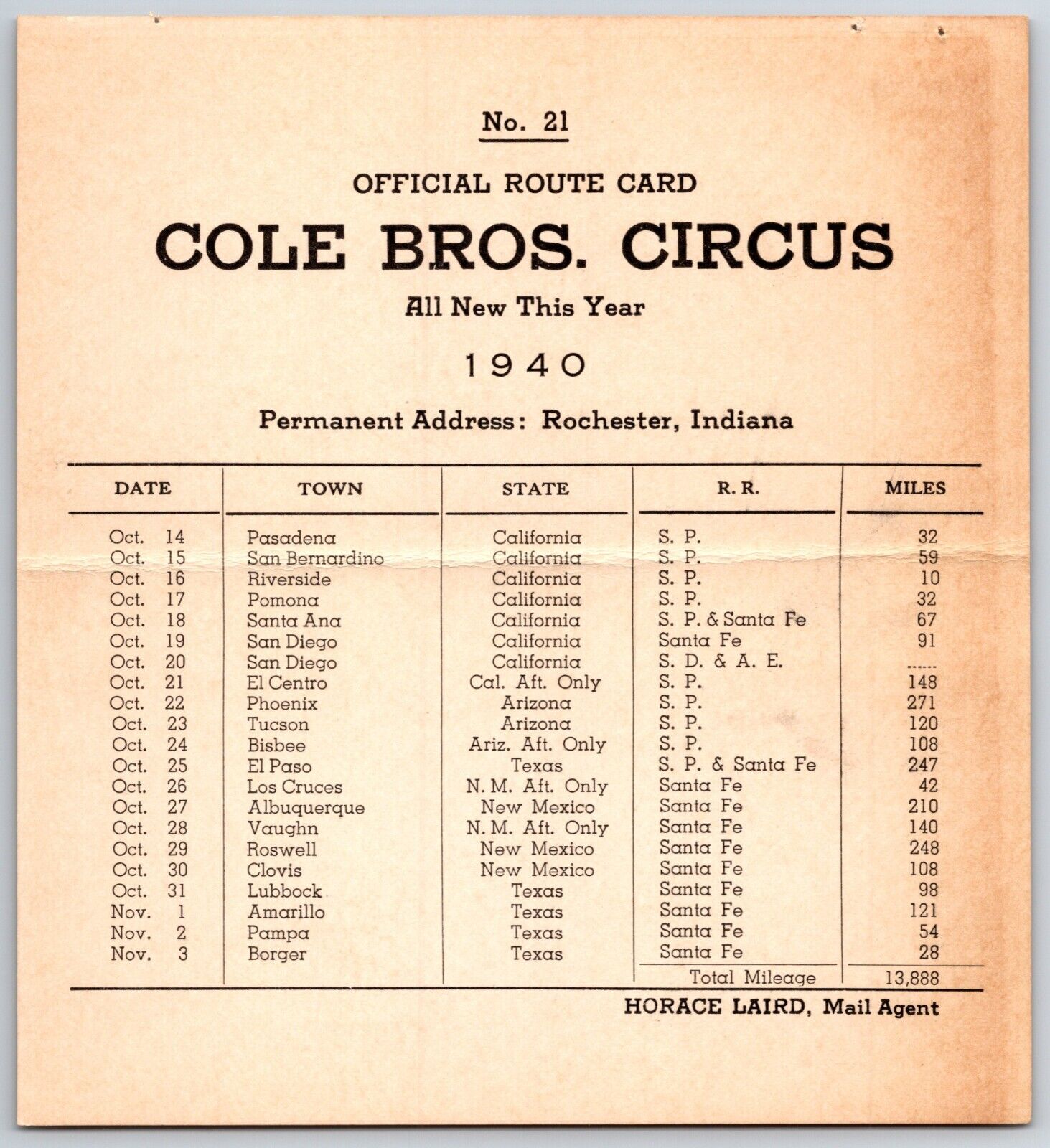 1940 Cole Bros Circus Route Card - California Arizona Texas NM