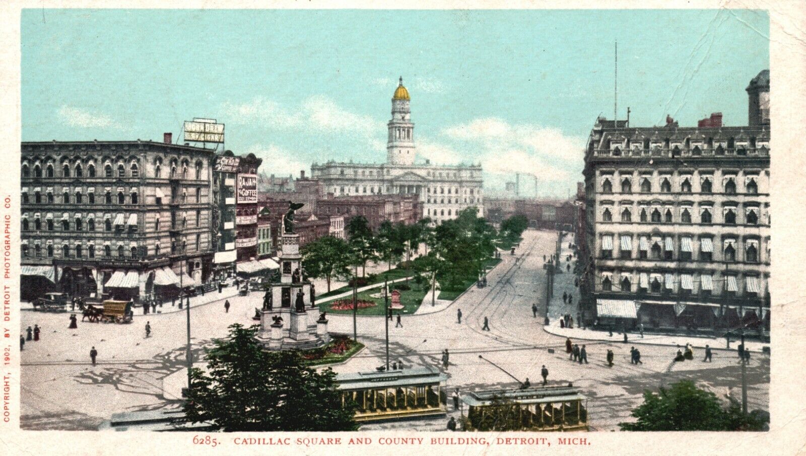Vintage Postcard 1900's Cadillac Square & County Building Detroit MI Trollies