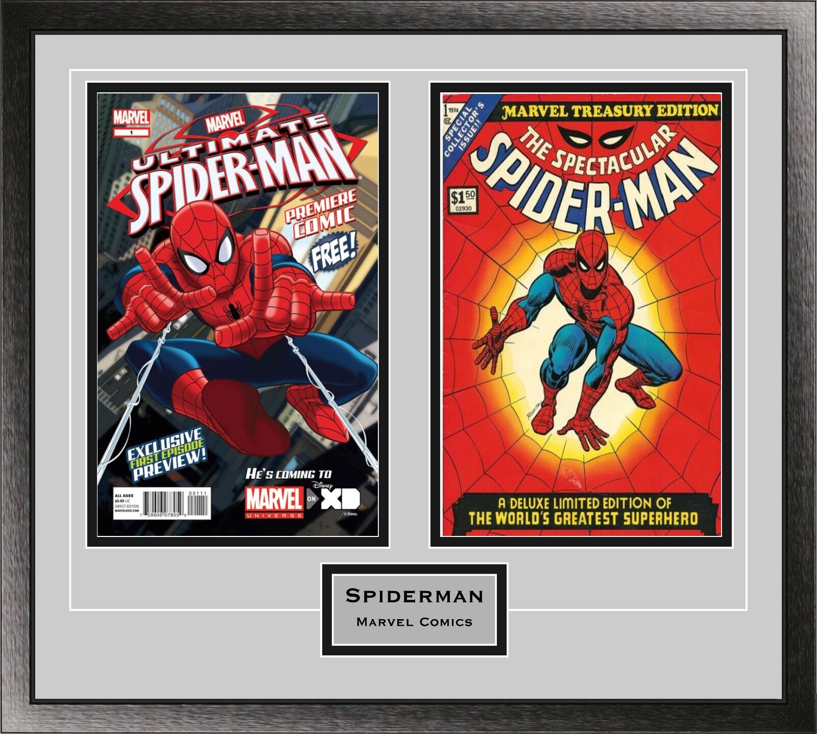 Double Comic Book Frame with Custom Engraving in our Classic Black Moulding