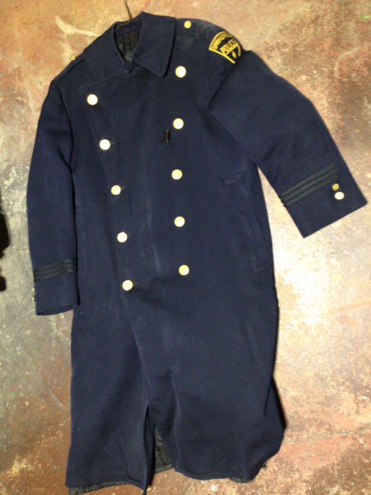Antique Police Men's Size 42 Heavy Wool Trench Over Coat Uniform Brass Buttons