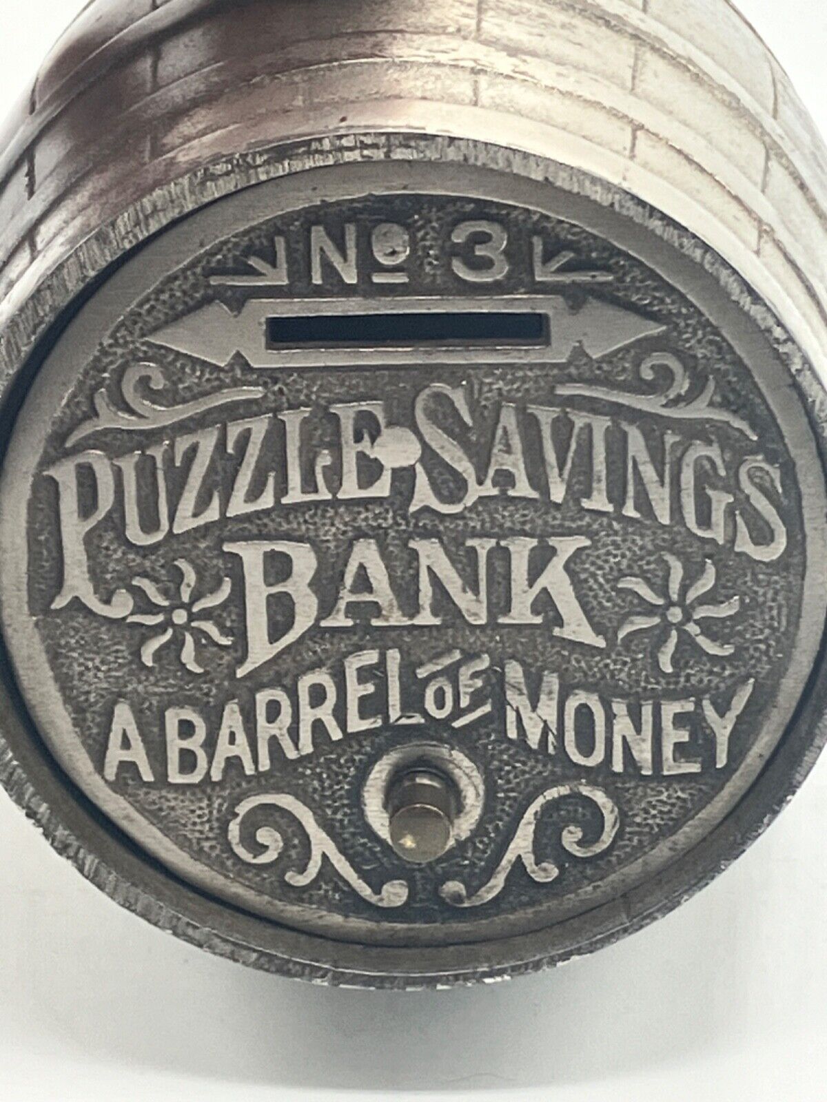Rare Puzzle Savings Bank No 3 A Barrel Of Money. c. 1893. 