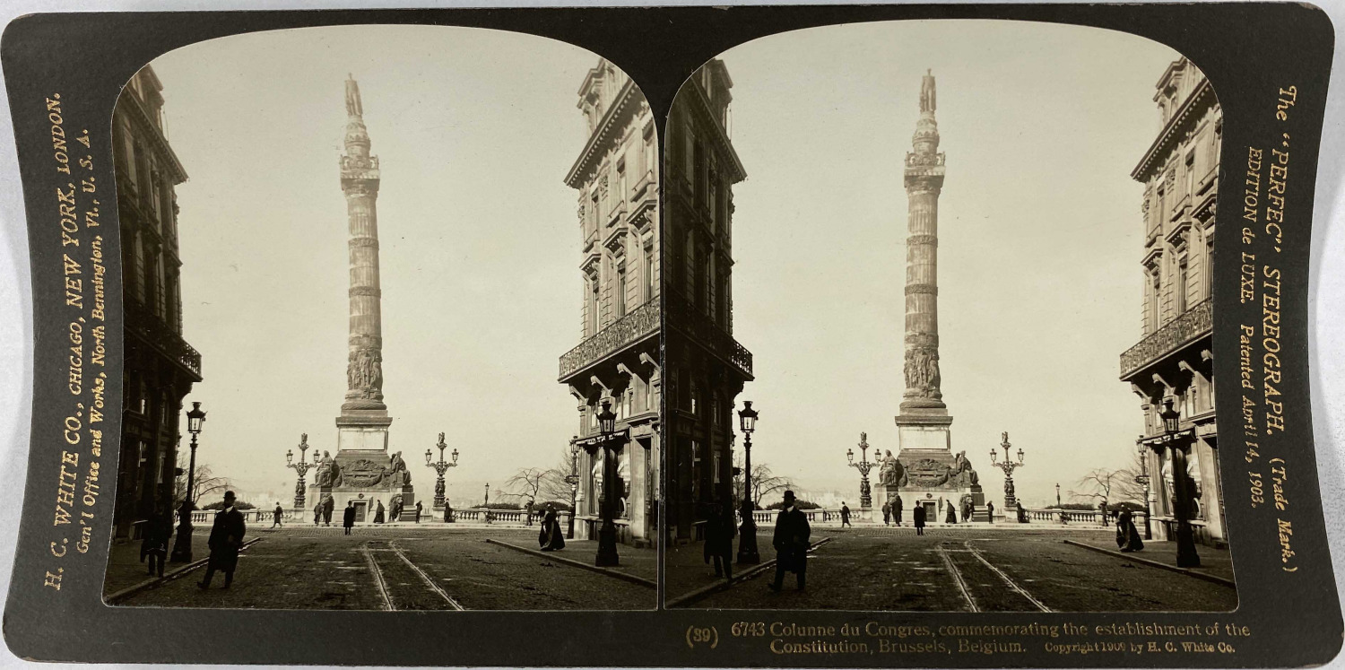 White, Stereo, Belgium, Brussels, Column of Congresses Vintage Stereo Card, Strip