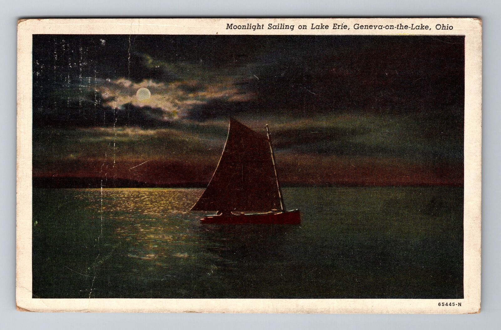 Geneva On The Lake OH- Ohio, Moonlight Sailing Lake Erie, Vintage c1945 Postcard