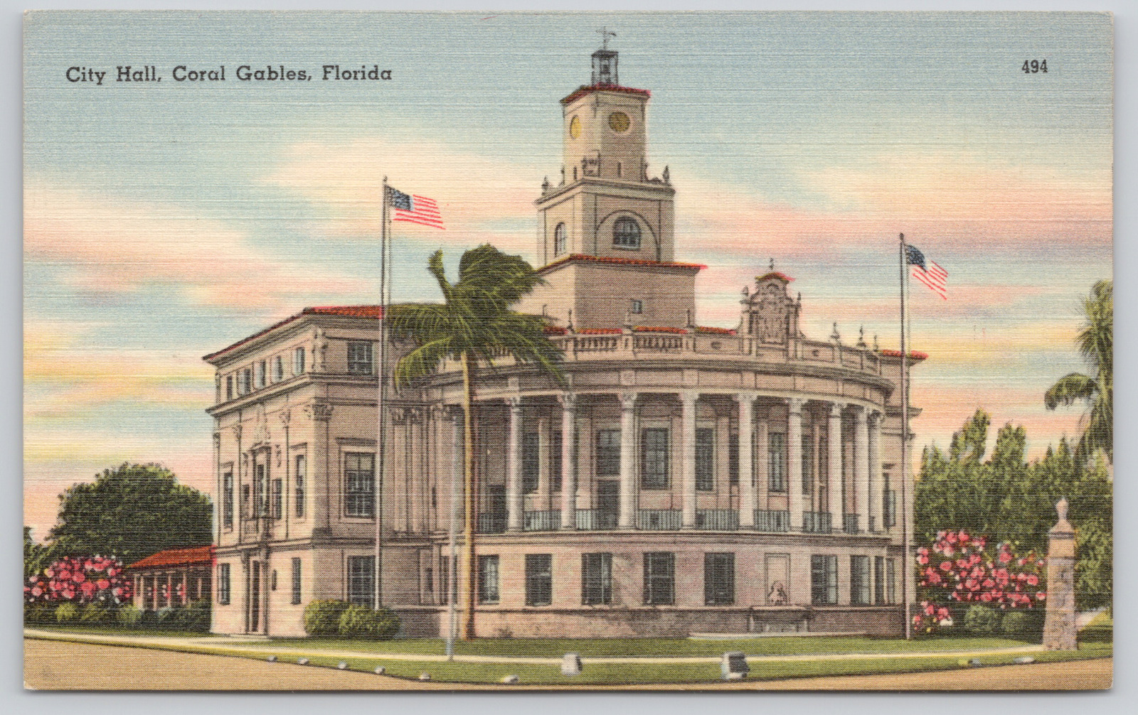 Postcard Coral Gables, Florida City Hall Linen A530