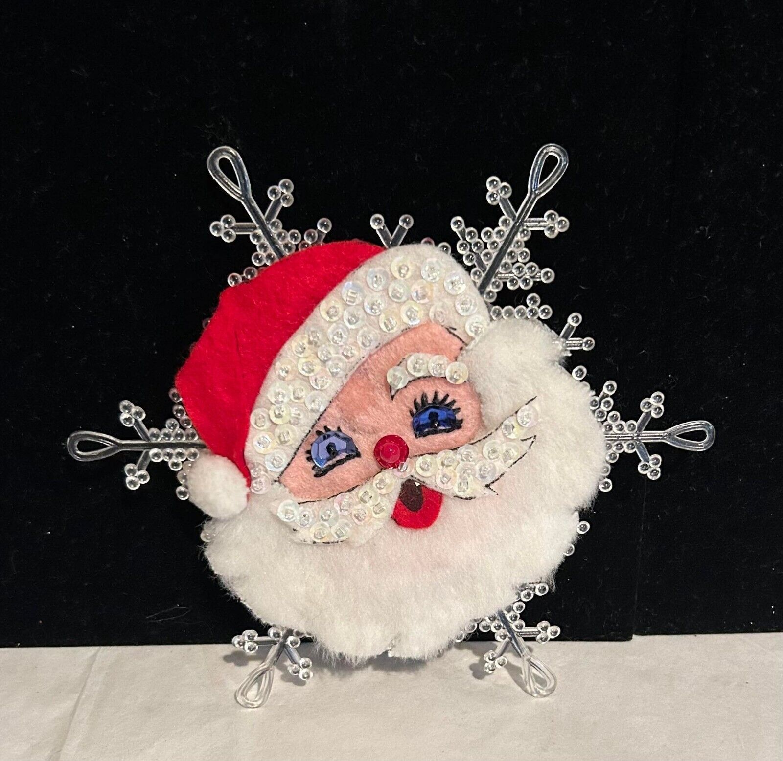 Vintage Sequin EDNA LOONEY Santa Christmas Ornament Felt