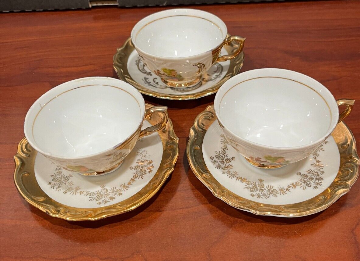 Vintage Bavarian Germany Gold Gilded Porcelain 3 Teacups & Saucers