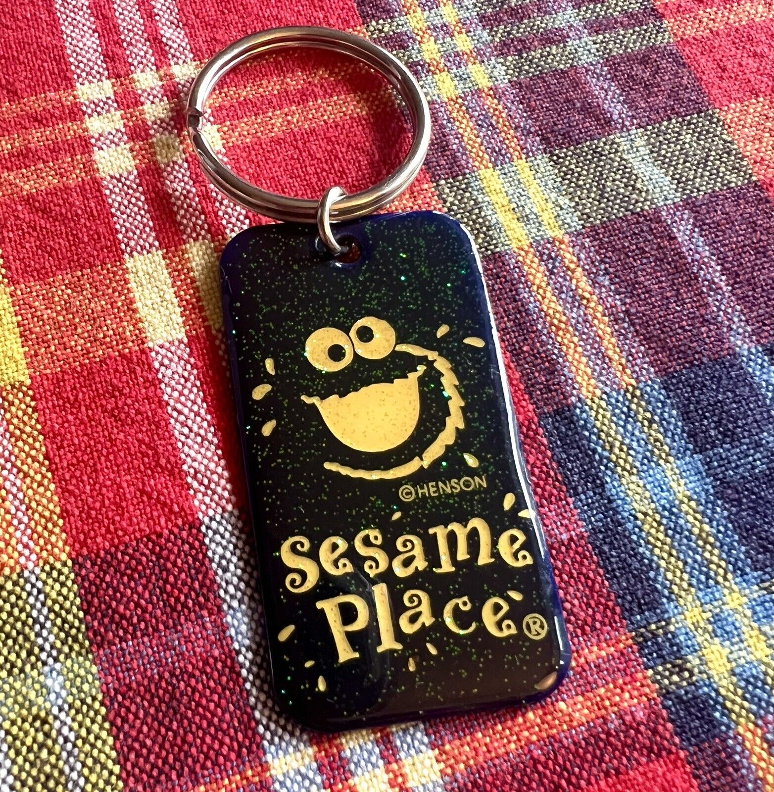 Vintage 80s Sesame Place Cookie Monster Sparkle Metal Keychain Ring Jim Henson
