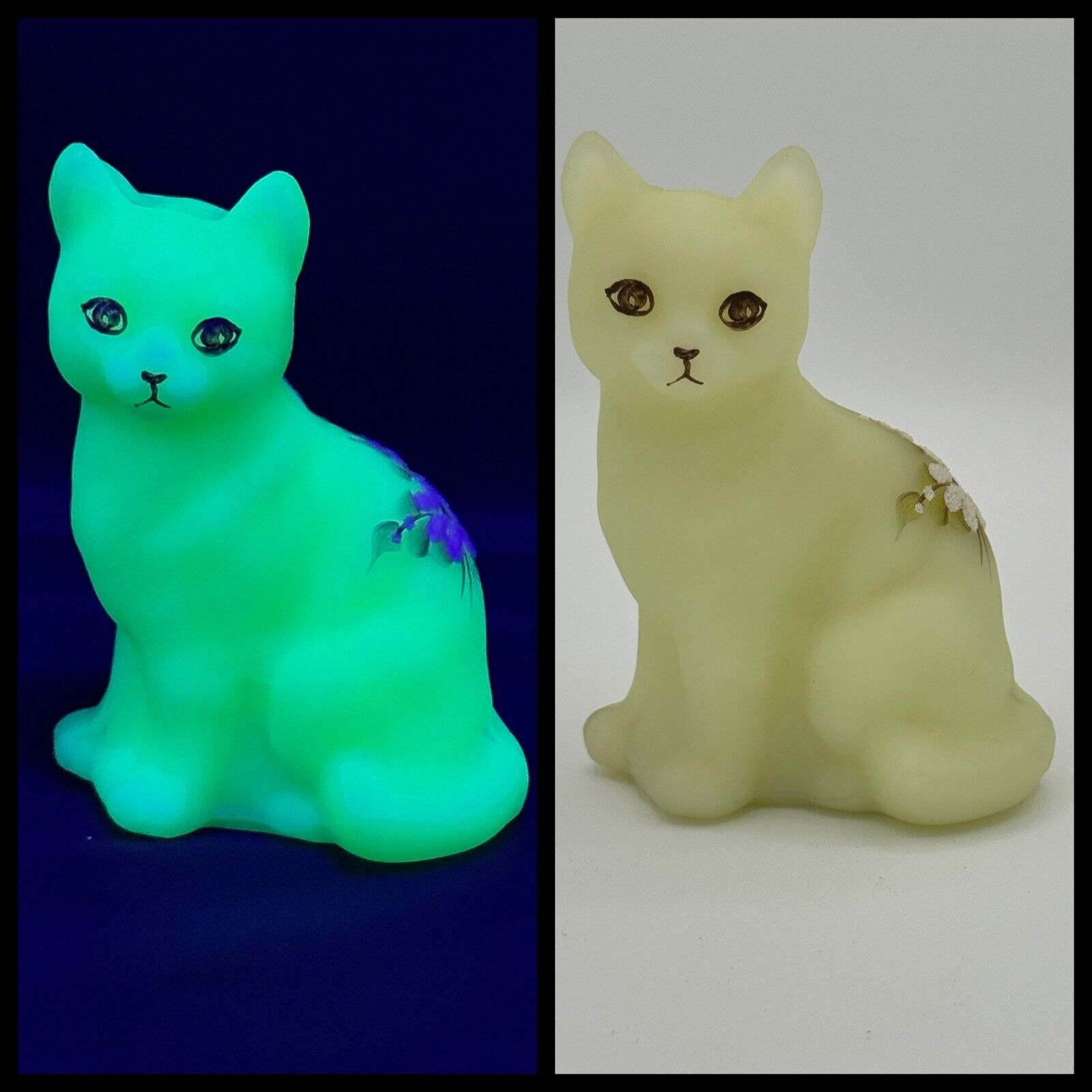 Rare Fenton Custard Uranium Glass Cat Daisy Hand Painted & Signed UV Green Glow