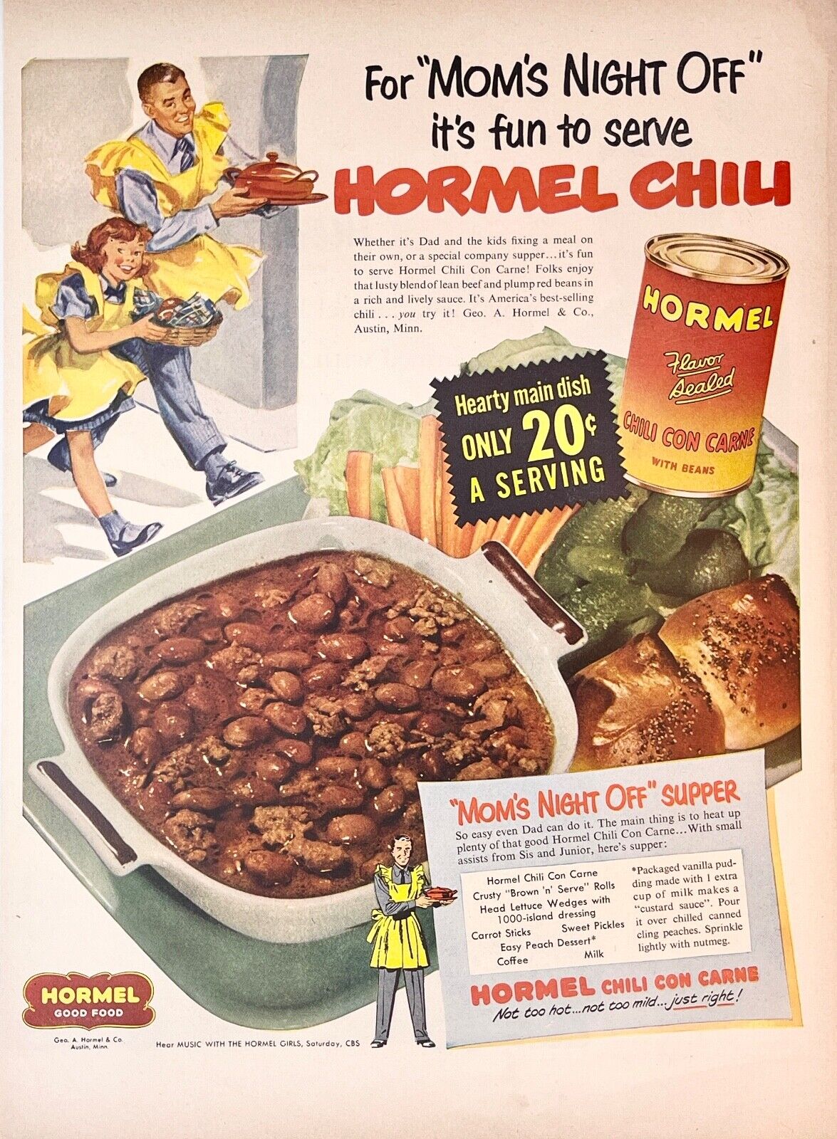 1952 Hormel Chili Con Carne Canned Food MOM\'S NIGHT OFF MCM Vintage Print Ad