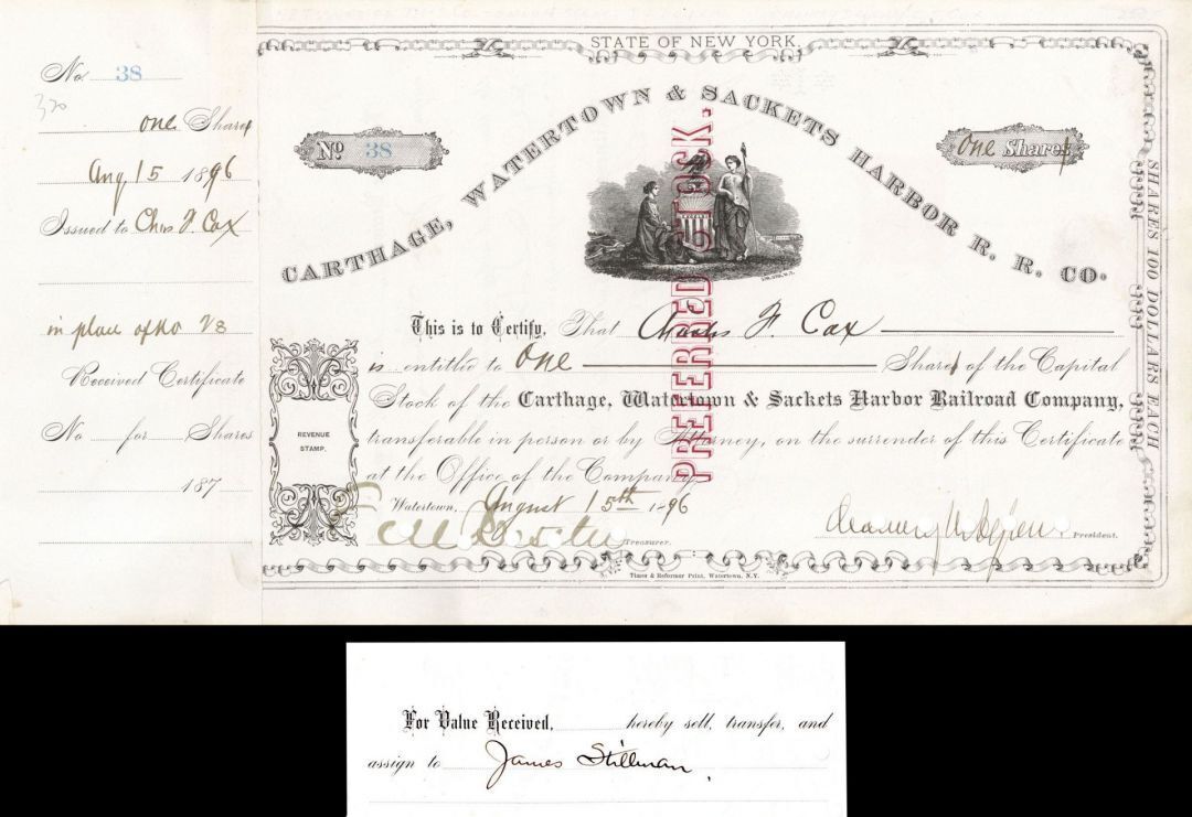 Carthage, Watertown and Sackets Harbor R. R. Co. Signed by Chauncey M. Depew and