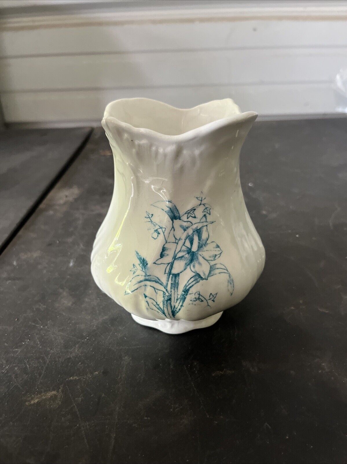 Biltmore Vintage Flower Vase/ White With Blue Flower Etchings.