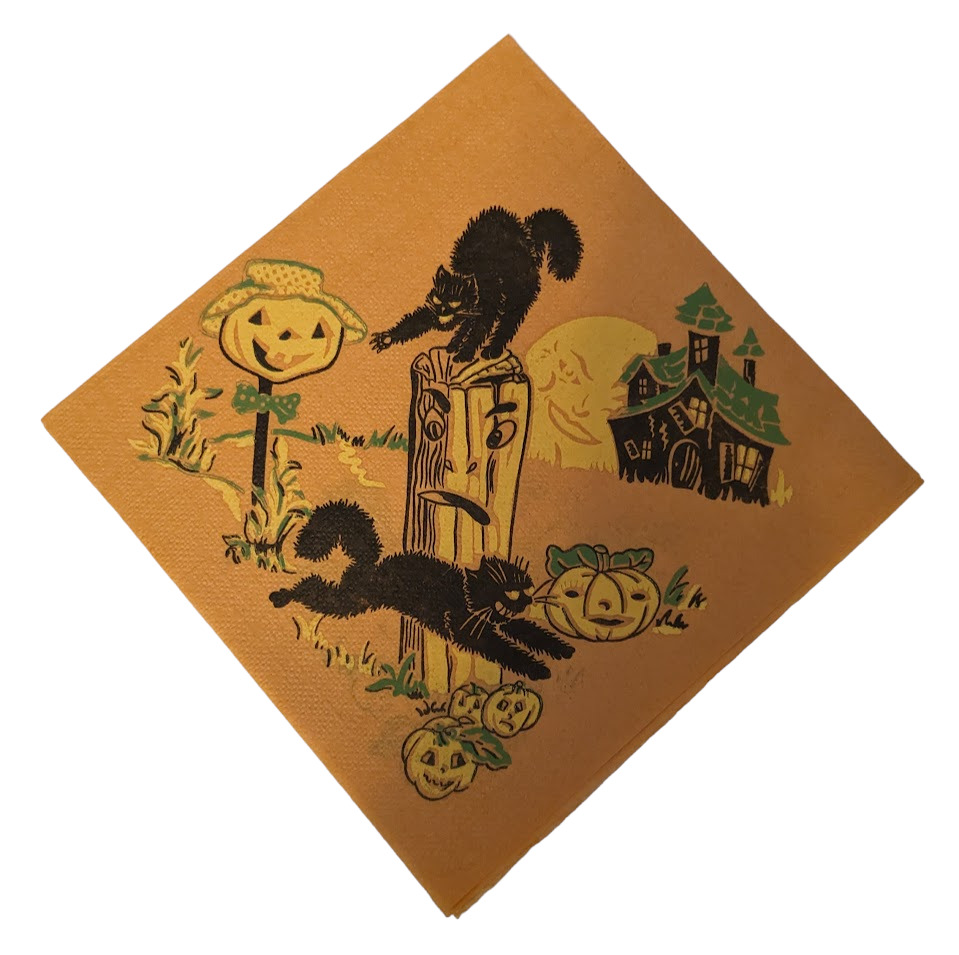 6 Vintage Halloween  Crepe Paper Napkins Witch Black Cat Jack-o-lantern