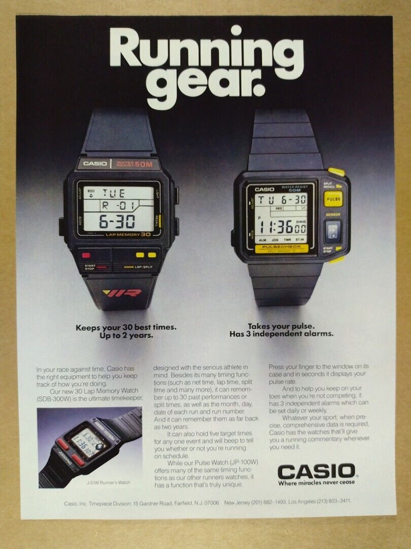 1987 Casio 30 Lap Memory & Pulse Check Watches vintage print Ad