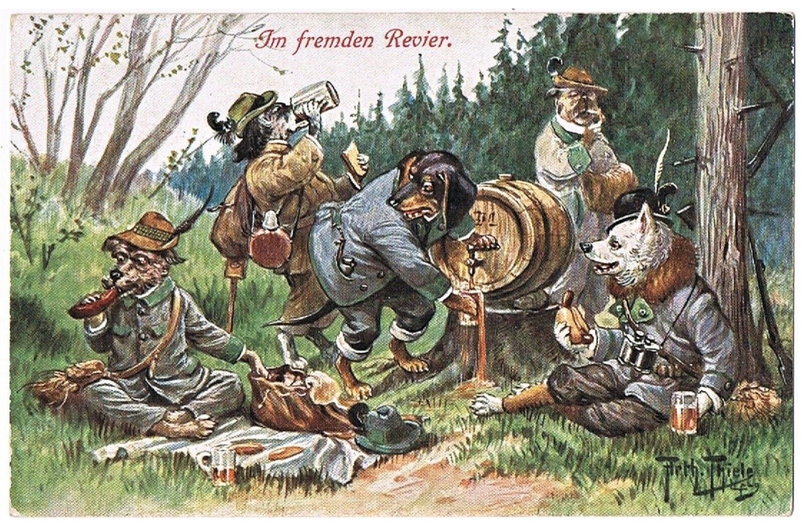 Arthur Thiele Dachshund Postcard. Funny Scene Dogs drinking Beer.