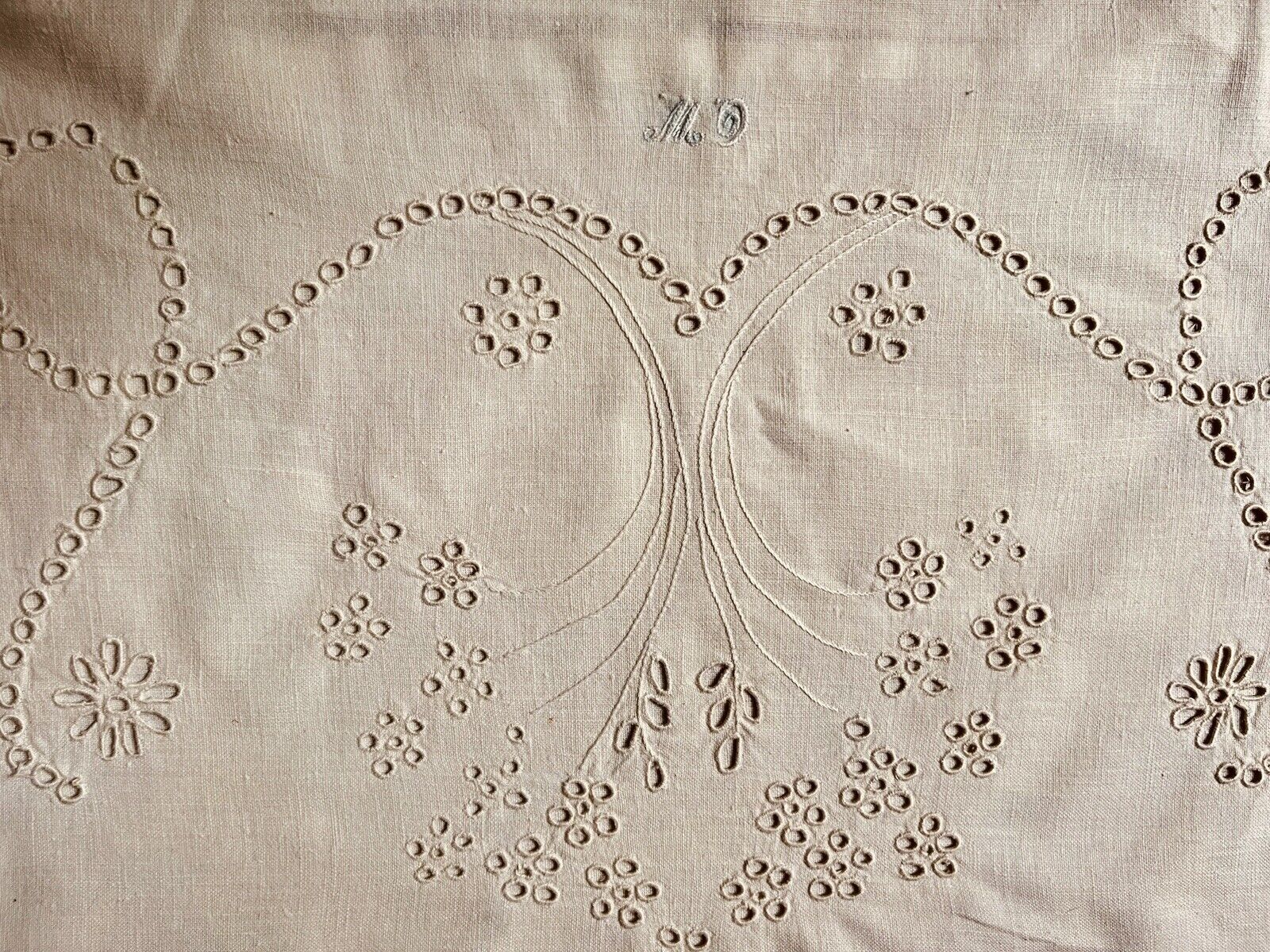 Antique Monogrammed Pillowcase Hand Made White Eeyelet Embroidery  15 x 19 1/2\