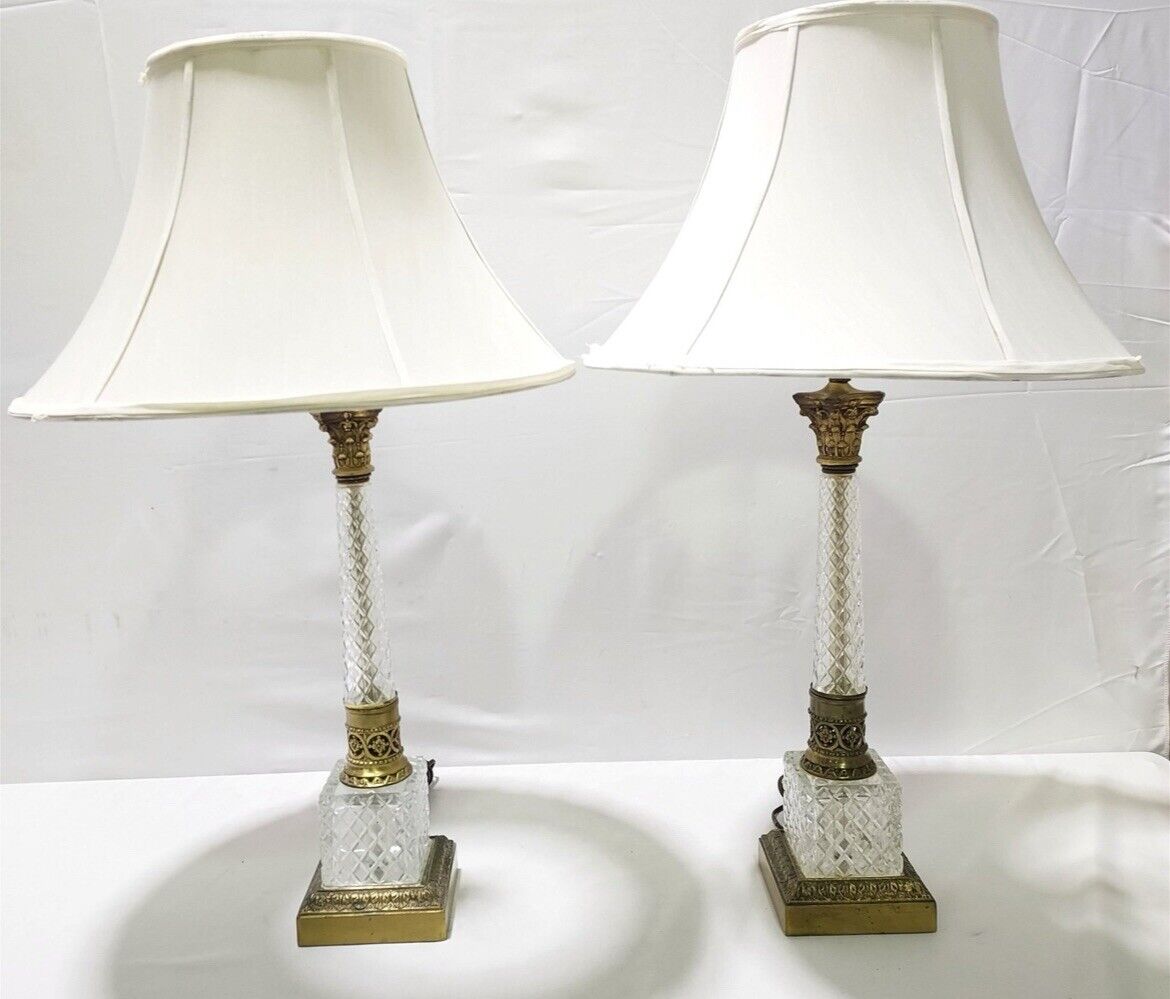 Pair Stunning Hollywood Regency Baccarat Style Cut Crystal & Brass Table Lamps