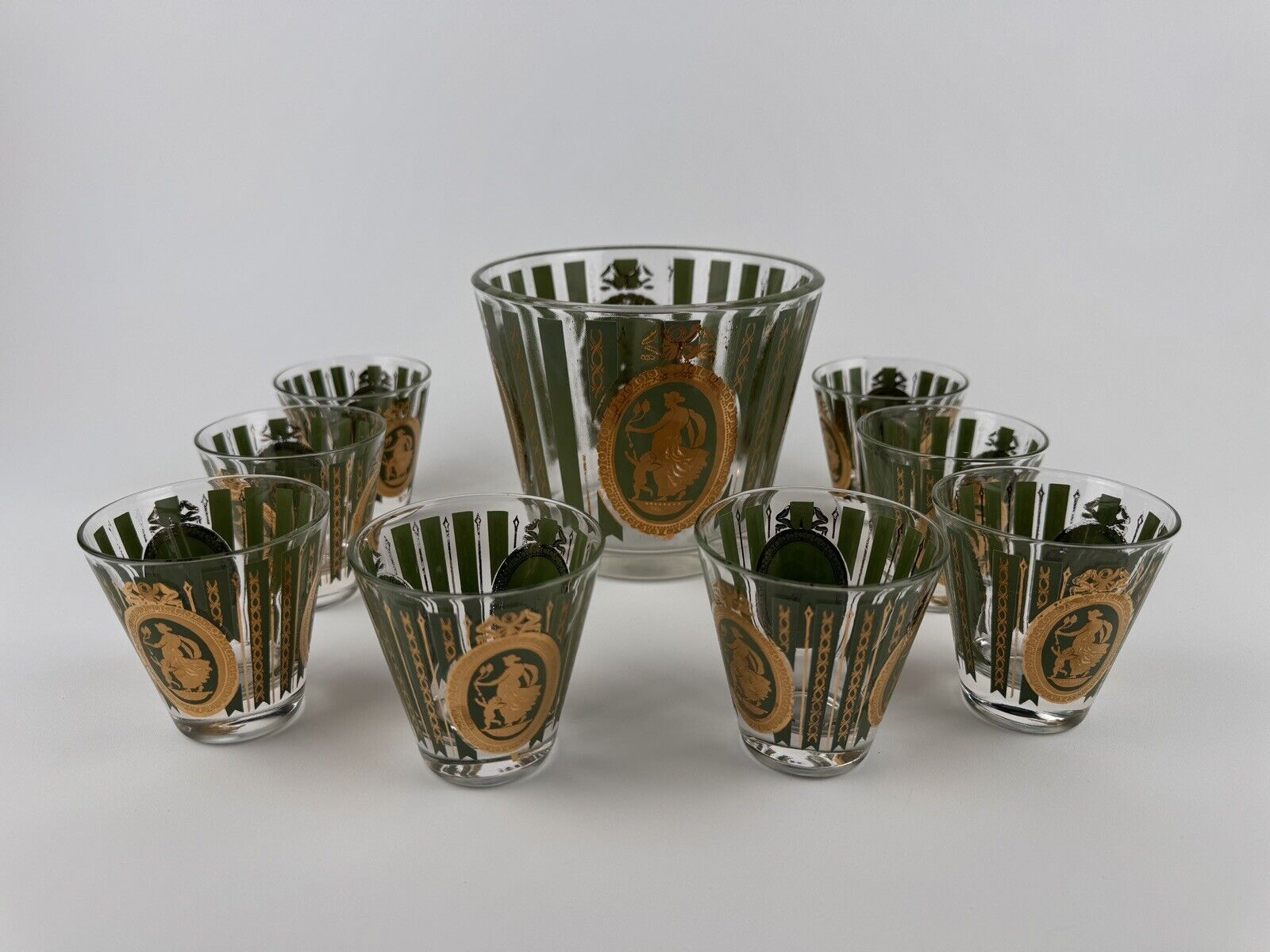 Set 8 Vintage Cera Green Gold Athena Cocktail Glasses Set With Ice Bucket Rare