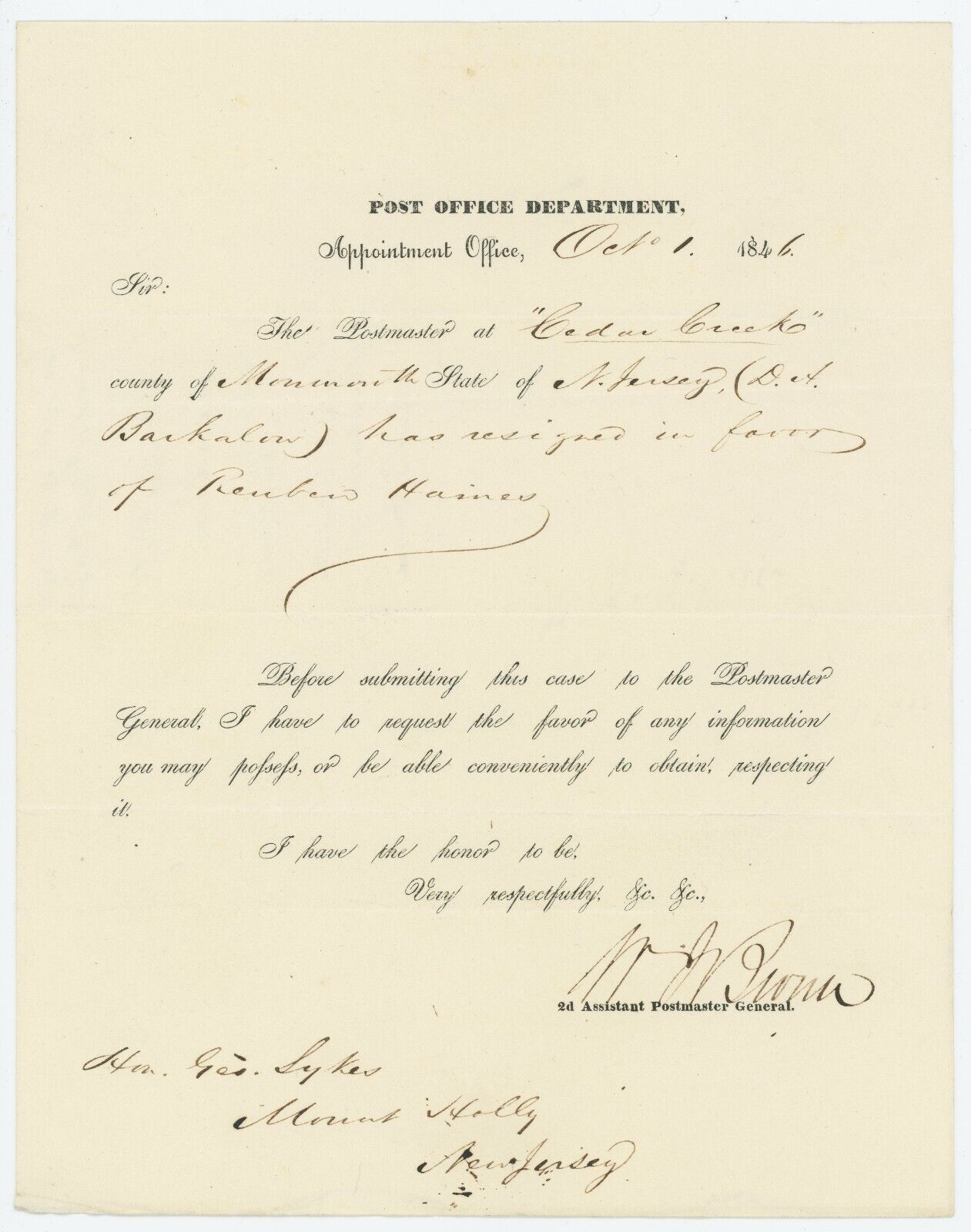 Toms River New Jersey 1846 Signed Letter William Brown Asst. Postmaster General