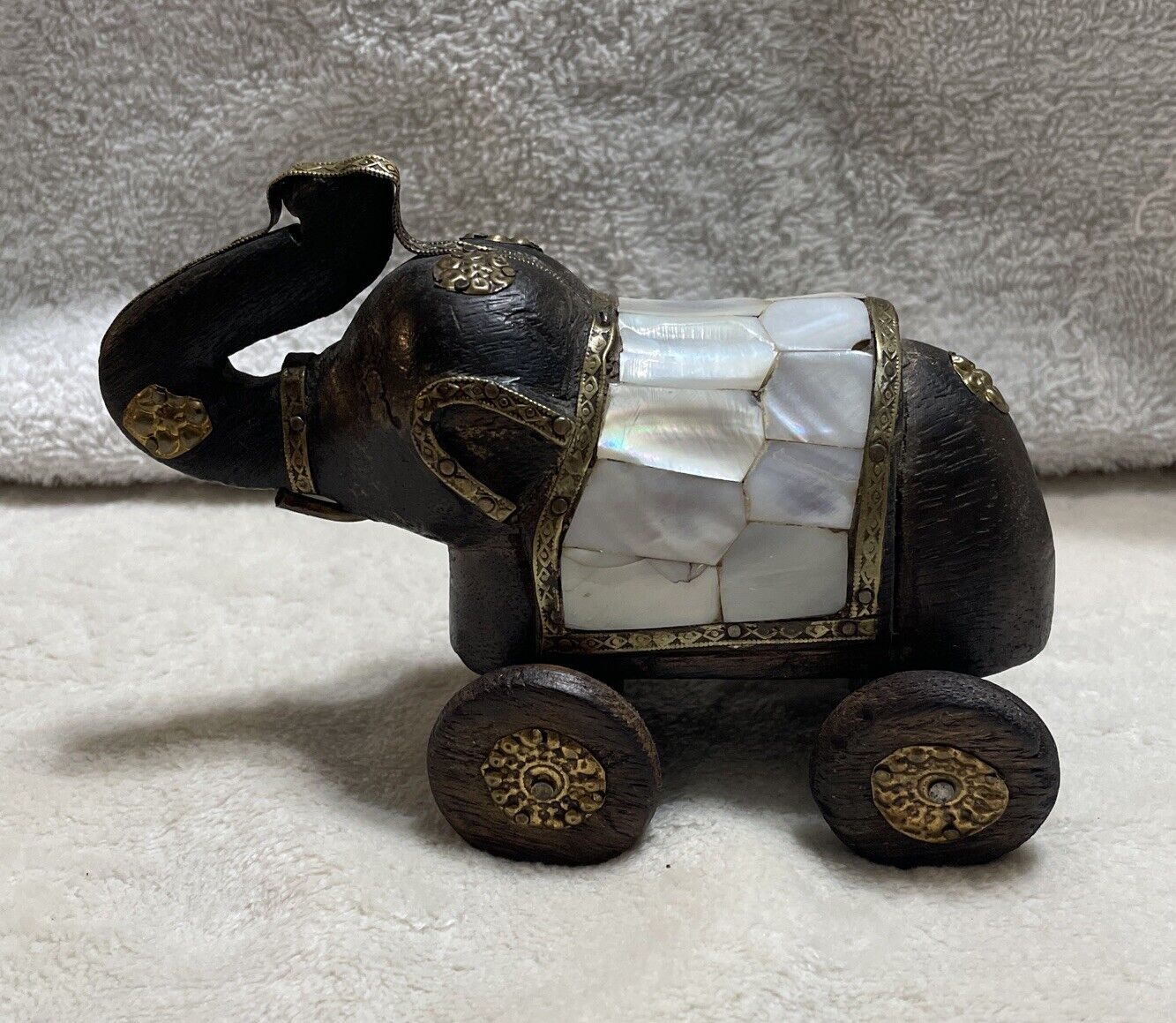 Indian Elephant Wooden Brass Mother Of Pearl Toy On Wheels Vintage